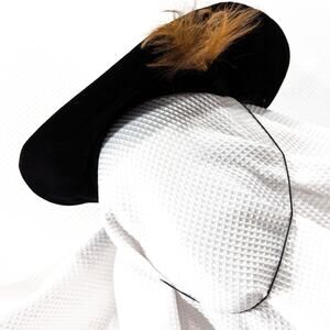 VINTAGE VELVET BERET! COLETT'S HATS, BLACK, FEATHER ACCENTED, CHINSTRAP BERET!